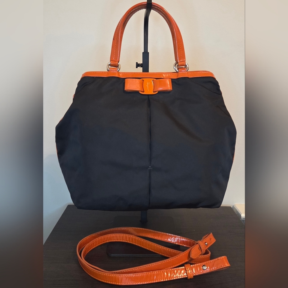 Salvatore Ferragamo Vara Bow Nylon Satchel Crossbody Black & Orange | COA